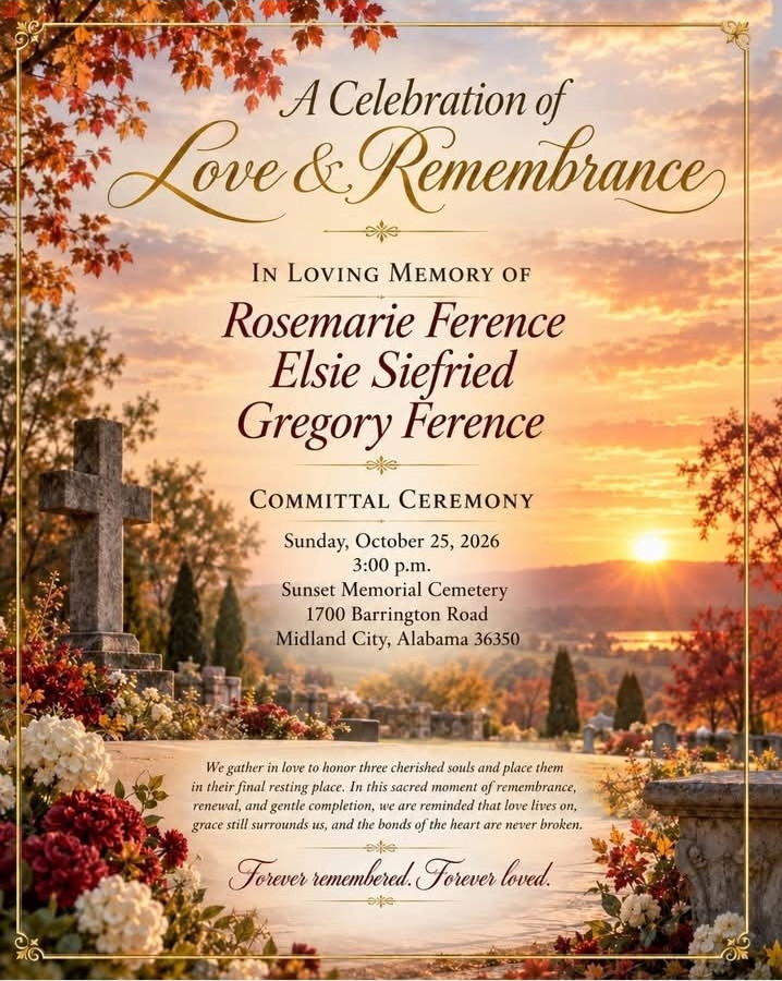 Join us Sunday, October 25 at 3:00 p.m. for a committal service in Midland City honoring Rosemarie Ference, Elsie Siefried, and Gregory Ference.
